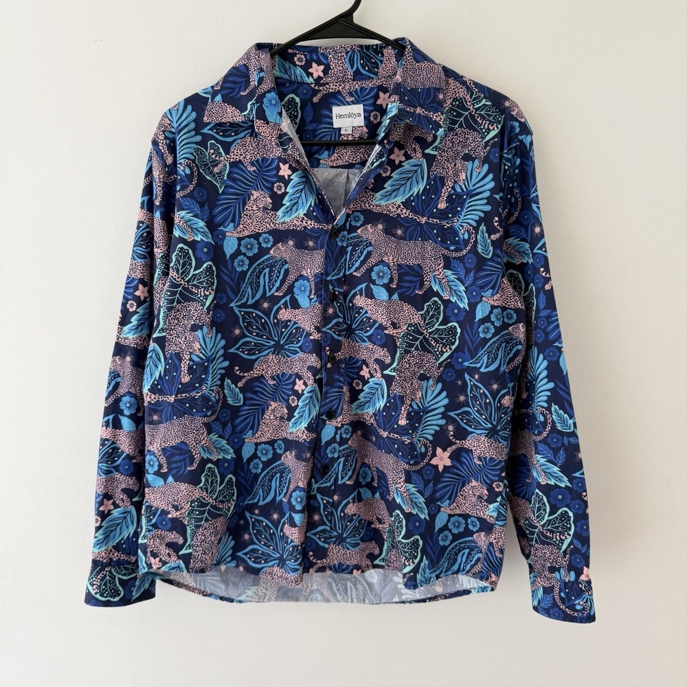 Hemloya Leopard Print Button Down Shirt L Tropical Jungle Cotton Blouse